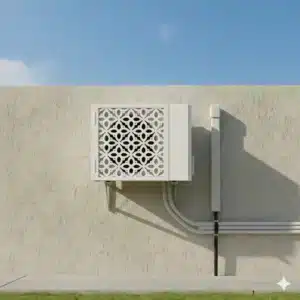 מסתור מזגן וכביסה ממתכת בעיצוב משרבייה מודרני, מותקן על קיר חיצוני, מסתיר את היחידה ומאפשר אוורור תקין.