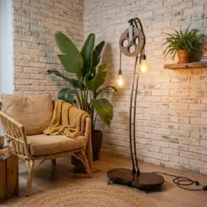 מנורת עמידה כפרית-עבודת יד המשלבת בסיס עץ טבעי כהה, עמוד מתכת שחור מעוקל, גלגלת עץ דקורטיבית למעלה ושתי נורות פחם תלויות בגבהים שונים.