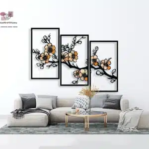 תמונת מתכת-פרחים בשלוש מסגרות, עיצוב קיר אומנותי בגישה מינימאליסטית