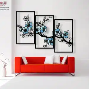 תמונת מתכת-פרחים בשלוש מסגרות, עיצוב קיר אומנותי בגישה מינימאליסטית
